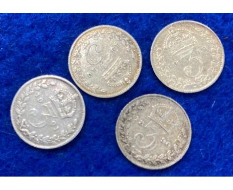 COINS Pre 1920 Silver three pence pieces, good to fine condition 1890, 1901, 1910, 1918 