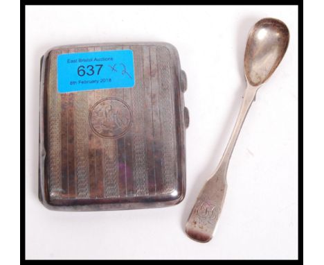 Two hallmarked silver items one being a silver cigarette case of square form having an engine turned decoration hallmarked fo