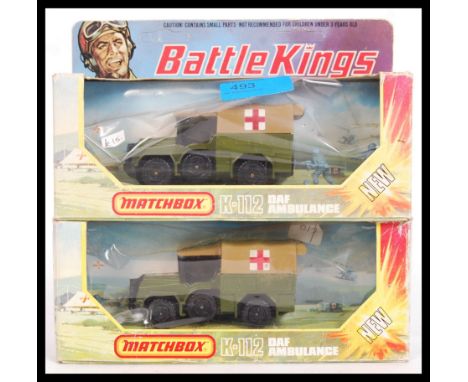 Two vintage Matchbox ' Battle Kings ' series diecast model K-112 DAF Ambulances. Both within their original boxes.&nbsp;