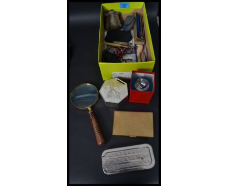 A collection of vintage 20th century items to include a Rolls Razor , pens , epns purse lighter , turned wood and gilt magnif