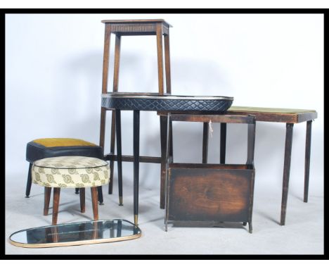 A dealers lot of vintage 20th century to include an Art Deco pot stand, Art Deco magazine rack, card table, retro foot stools