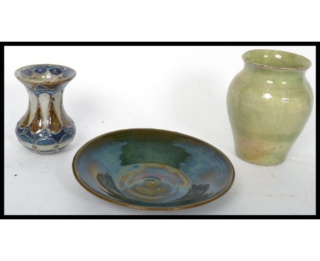 A group of three vintage 20th century studio pottery items to include a vase in the manner of Della Robbia a green glazed vas