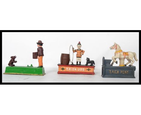 A collection of vintage style cast iron money boxes ( moneybox ) to include Trick Pony, Trick Monkey etc ( please see illustr