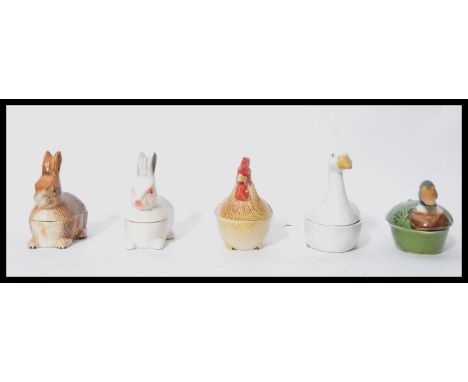 A group of five Michel Caugant French ceramic croc / pate tureens in the form of wildlife. Including Rabbit Hare Chicken Goos