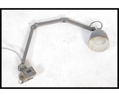 A 1950's mid century Industrial anglepoise factory work lamp light. The desk light with pendant shade and squared metal arm h