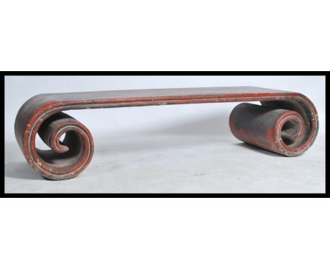 A believed 19th century large Antique Chinese scroll table from the Shanxi province made of hardwood having a hand waxed and 