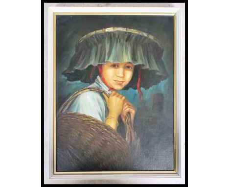 A retro 20th century portrait study oil on board painting of a Chinese lady wearing a straw weaved hat with a draped cloth ve