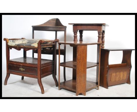 A collection of vintage and antique furniture to include an Edwardian adjustable piano stool, a pine drop leaf table, magazin