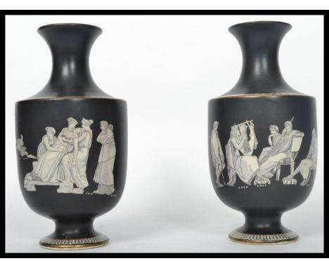 A pair of late 19th century Prattware - Pratts of Fenton '&nbsp; Old Greek ' pattern vases. Each with black ground, classical