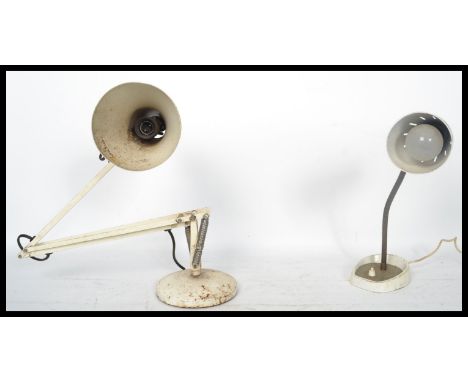 Two vintage 20th century retro industrial lamps one being a white mid century anglepoise and the other being a Jasper Conran 