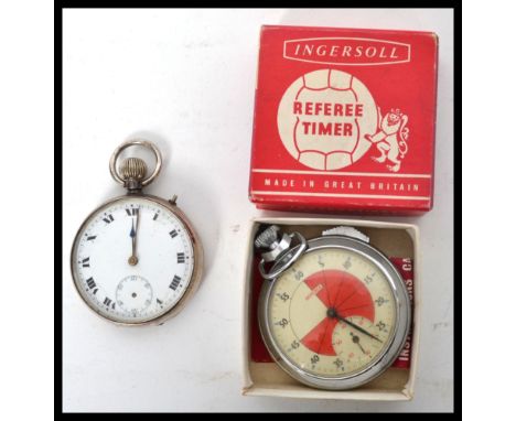 A late 19th /' early 20th century silver open faced pocket watch, enamel face Roman numeral chapter ring, subsidiary dial tog