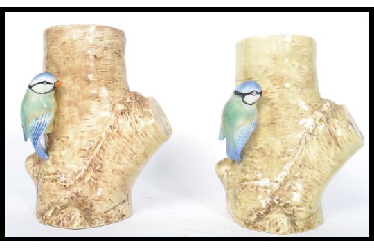 A Pair Of Sylvac Pottery Vases Modelled With Blue Tits Perched On