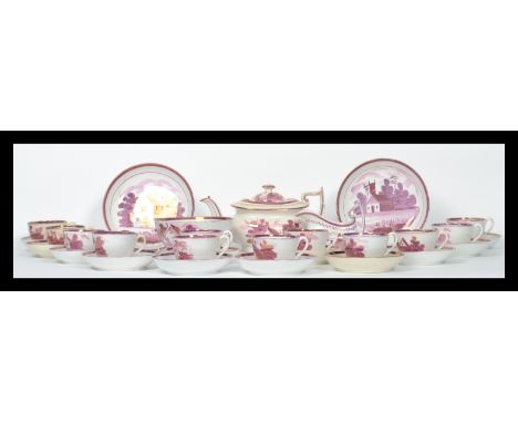 An early 19th century Staffordshire 12 person pearlware pearl ware tea service set consisting of 12 cups and saucers , teapot