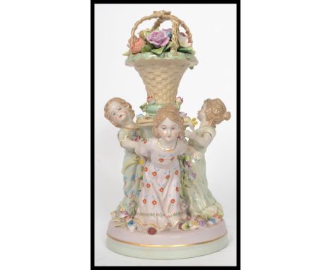 A 20th century ceramic diorama figurine of the Three Graces surrounding a plinth column with flower basket atop. Blue R under