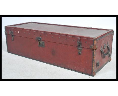 An early 20th century motoring&nbsp; car trunk chest by Brooks. Moroccan red British Patent leather and bound with handles an