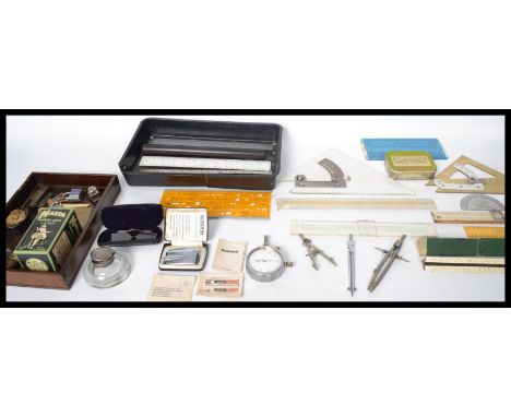 A group of items to include a 19th century papier mache snuff box with pictorial lid , a sovereign holder , inkwell , meters 