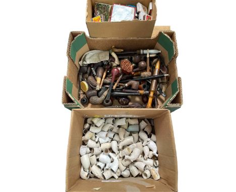 Collection of pipes, clay pipe heads, match boxes, etc.