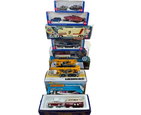 Collection of Diecast vehicles including Liebherr mobile crane and truck mounted telescopic crane, Siku, Matchbox, etc.