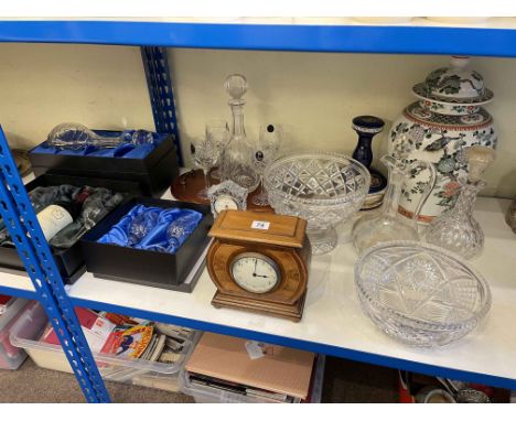 Mahogany inlaid mantel clock, crystal including boxed decanter, large fruit bowl, Edinburgh Crystal clock, La Chaumine red wi