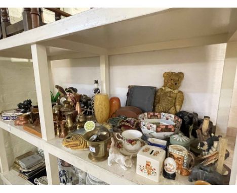 Decorative porcelain, vintage teddy bear, metal wares, mantel clock, table lamp, etc.