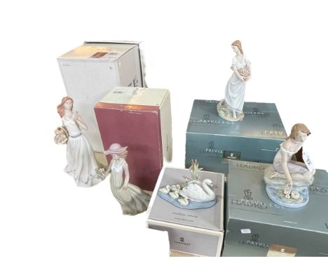 Two Lladro figures 'Reflection of Helena' and 'Gardens of Athens', and Swan group 'Follow Me', Nadal floral detail figure and