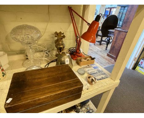 Collection of treen, crystal table lamp, angle lamp, Piedfort paperweight, vintage dolls, jelly mould, etc.