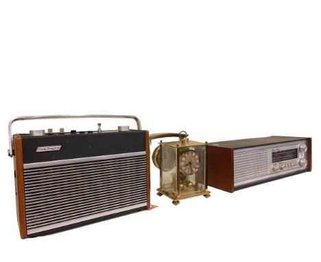 Roberts radio, Hacker radio, mantel clocks, mirror and print.