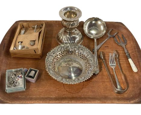 Pierced silver bowl, thimble, tongs and fork, silver plated candlestick, etc.