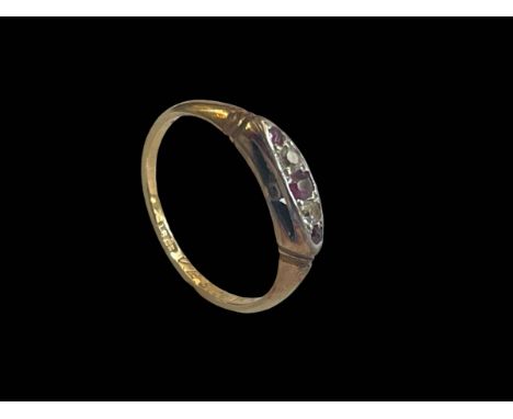 Ruby and diamond five stone 18 carat gold ring, size M.