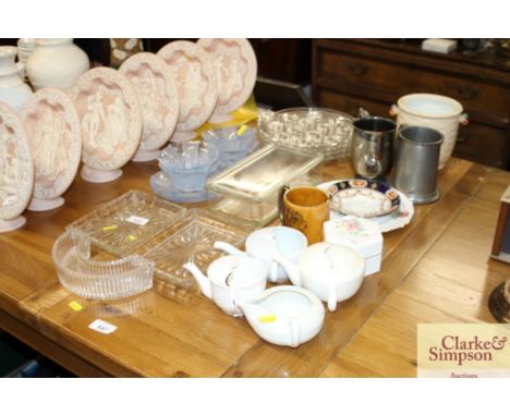 A quantity of various glassware; a Carlton ware biscuit barrel (lid missing), three feeding cups etc. 