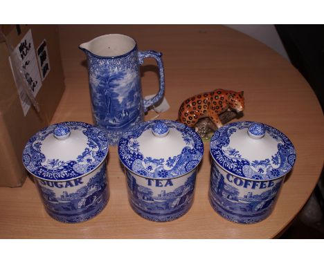 3x Spode sugar, tea, coffee containers, Fenton blue &amp; white water jug &amp; ceramic leopard 