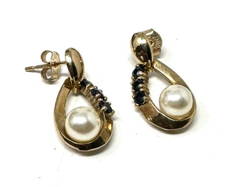 9ct Gold Cultured Pearl &amp; Sapphire Drop Dress Earrings (3.1g)