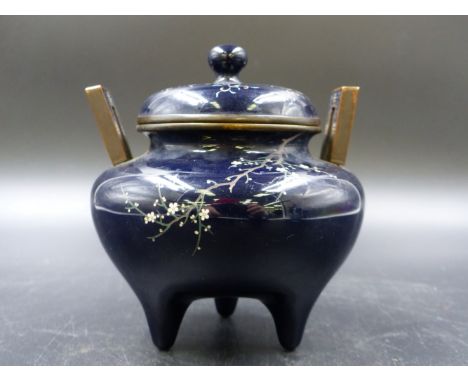 A  JAPANESE MIDNIGHT BLUE CLOISONNE CENSER AND COVER, THE LATTER WORKED WITH CHRYSANTHEMUMS AND FITTING BETWEEN RECTANGULAR O