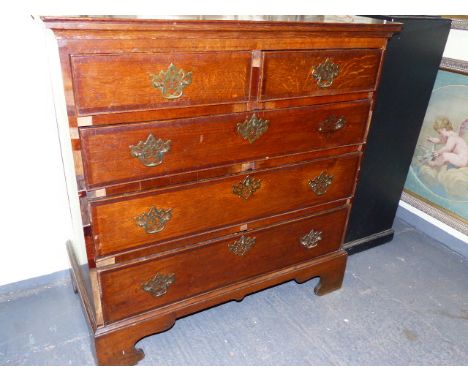 A GEORGIAN COUNTRY MADE OAK FIVE DRAWER CHEST. CROSSBANDED INLAY ON BRACKET FEET.   W.97 x H.100 x D.50cms.