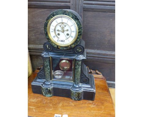 A LARGE VICTORIAN BLACK SLATE AND MARBLE MANTLE CLOCK WITH VISIBLE ESCAPEMENT AND PENDULUM, BELL STRIKE MOVEMENT.