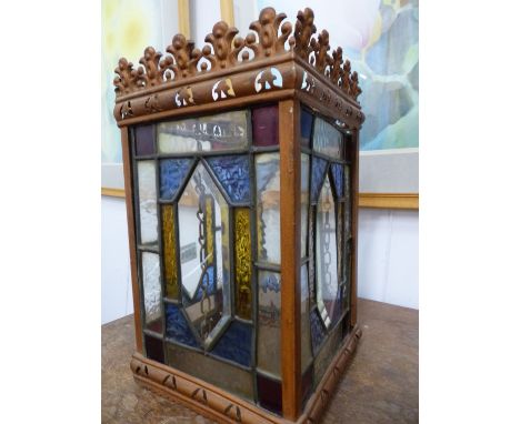 AN ANTIQUE HALL LANTERN WITH LEADED GLASS PANEL SIDES.   20 x 20 x H.33cms.