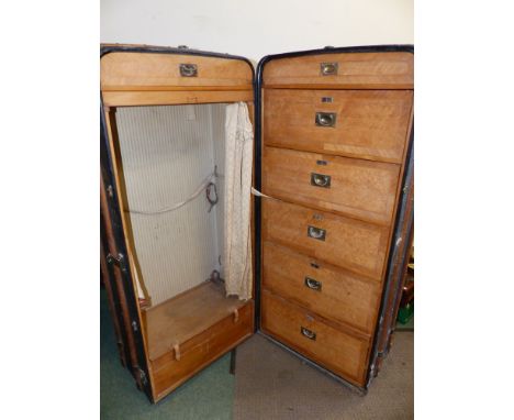 A VERY LARGE EARLY 20TH CENTURY AUSTRIAN CABIN TRUNK / WARDROBE TRUNK BY WURZL &amp; SOHNE (WEIN) WITH FITTED INTERIOR OF MAP