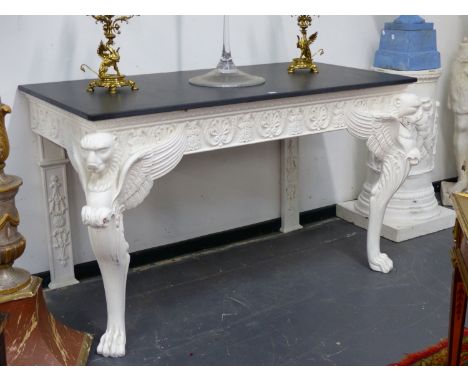 AN IMPRESSIVE PAIR OF FRENCH EMPIRE DESIGN WHITE PAINTED CONSOLE / PIER TABLES WITH SLATE TOPS ABOVE ANTHEMION FRIEZES SUPPOR