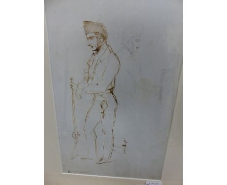 19th.C.CONTINENTAL SCHOOL.   A PORTRAIT OF AN INFANTRYMAN, SIGNED INDISTINCTLY, PEN AND INK DRAWING.   32 x 19.5cms.