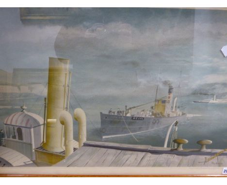 FELIX KELLY.  (1916-1994)  ARR.   DRIFTER AND PADDLE STEAMERS, LITHOGRAPH PRINTED 1946 FOR SCHOOL PRINTS.   42 x 68cms.