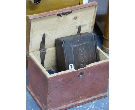AN EARLY 19th.C.OAK CANDLE BOX, A PINE BOX AND A VINTAGE CYCLE LAMP.