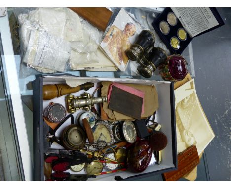 A FILING BOX OF MISCELLANEA TO INCLUDE SIGNED PHOTOGRAPHS OF HENRY COOPER AND OTHER STARS, WWII TEXTILE MAPS, BUSINESS PRINTI