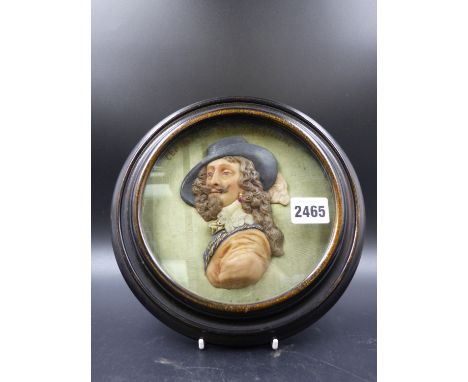 A 19th.C.WAX PORTRAIT BUST OF KING CHARLES I, FRAMED.   Dia.22cms.