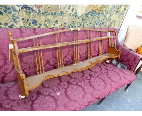 AN ANTIQUE SATINWOOD AND INLAID TWO TIER WALL SHELF WITH SPINDLE GALLERY BACK.   W.139cms.