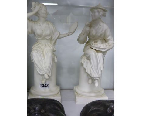 A PAIR OF ROYAL WORCESTER BISCUIT CHINOISERIE FIGURES MODELLED BY A AZORI, LA FLEUR AND LE MIROIR.   H.20.5cms.