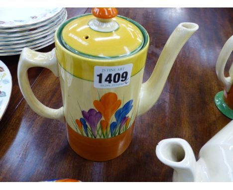 NEWPORT AND WILKINSON POTTERIES CLARICE CLIFF BIZARRE CROCUS PATTERN.   TWO TEA POTS, A COFFEE POT AND A JUG.  (4)