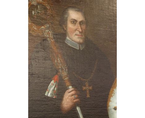 OLD MASTER SCHOOL.   PORTRAIT OF A BISHOP HOLDING A SCEPTRE.   90 x 66cms.