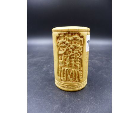 A CHINESE IVORY CYLINDRICAL VASE CARVED WITH TWO RELIEF PANELS OF VILLAGE SCENES SEPARATED BY AN INSCRIPTION AND INCISED LINE