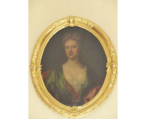CIRCLE OF SIR PETER KNELLER BRITISH. (1618-1680) PORTRAIT OF ANNE (CHAPLIN) LADY HANKEY, INSCRIBED OVAL OIL ON CANVAS, FRAMED