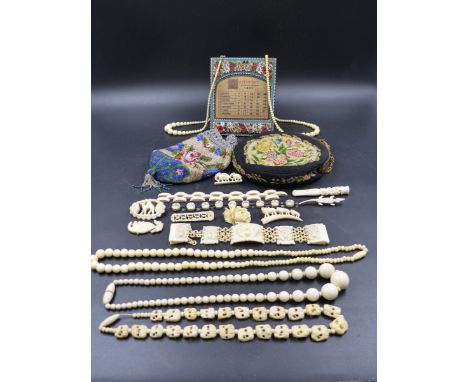 A SELECTION OF IVORY JEWELLERY ETC TOGETHER WITH A MICRO MOSAIC1937 ITALIAN DESK CALENDAR, A FINE BEADED PURSE AND A FURTHER 